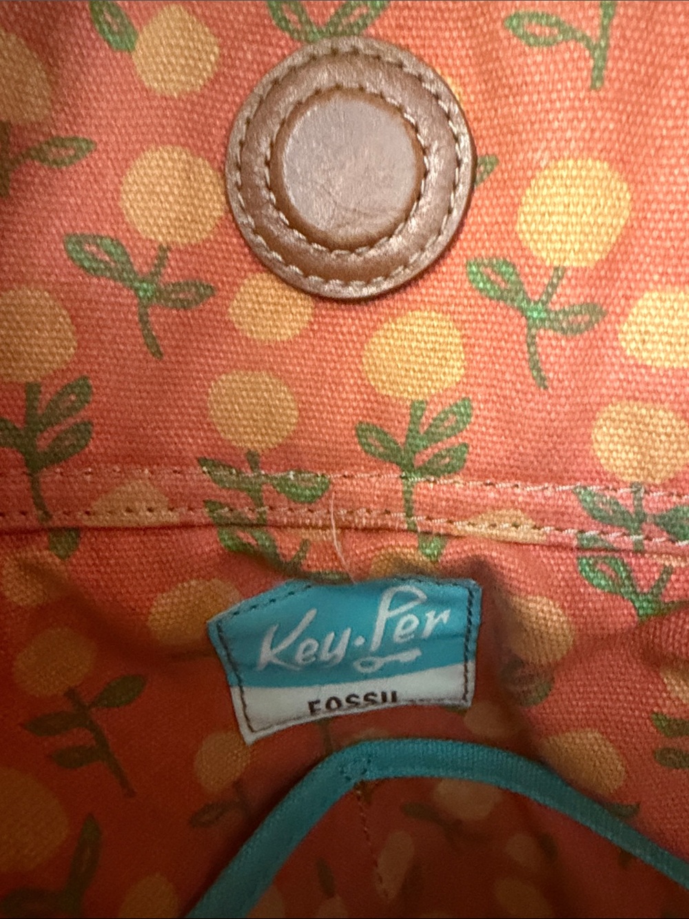 Fossil Key-per Canvas Tote Bag with Colorful Birdcage Print in Tan and Teal - Picture 7 of 9